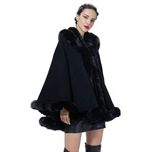 BEAUTELICATE Poncho Fourrure Châle Étole Cape à Capuche Tricoté Manteau avec Col de Fourrure pour Femme Automne Hiver Mariage Soirée Gala(Taille Unique, Noir) (BEAUTELICATE-FR, neuf)