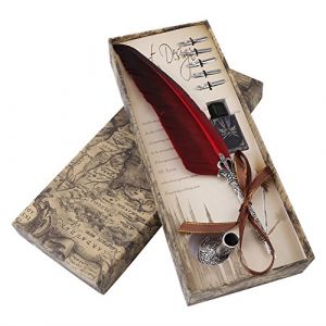 Stylo Dip à Plume Plume Ecriture Encre Plume d'oie Calligraphie Sylo de Calligraphie Vintage avec 5 Pointes Extra de Rechange pour Exécutif et Décoration de Bureau Antique(Rouge) (Ironcty, neuf)