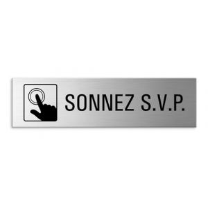 Plaque Sonnez s.v.p. 150x40 mm Aluminium brossé Aspect Acier inox auto-adhésif (funtastec, neuf)