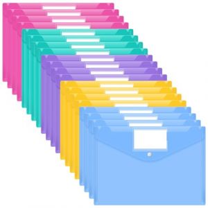 Smarpau Lot de 20 pochettes en plastique A4 avec fermeture &agrave; bouton pression pour l'&eacute;cole, la maison, le bureau, les voyages (5 couleurs) (XGEN LLC, neuf)