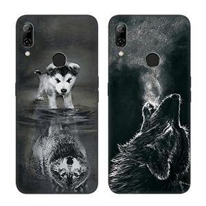 DiaryTown 2 Pièces pour Coques Huawei P Smart 2019, Etui Noir en Silicone Souple avec Motif Mince TPU Slim Gel Bumper Antichoc Case Housse de Protection pour Huawei Honor 10 Lite - Chien & Loup (DiaryTown, neuf)