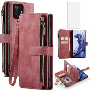 Asuwish Coque pour Xiaomi Mi 11T/Mi11T Pro 5G Portefeuille avec Verre Tremp&eacute; et Porte Carte Chaine PU Cuir &agrave; Clapet &Eacute;tui Housse Support M11T T11 21081111RG 2107113SG T&eacute;l&eacute;phone Case Femme Homme Rouge (Asuwish FC UK Store, neuf)