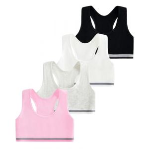 Domee Brassiere de Sport Soutiens-Gorge Coton Fille pour 6-12 Ans Lot de 4 Noir+Blanc+Gris+Rose 10-12 Ans (Taille du Fabricant L) (Domee EU, neuf)