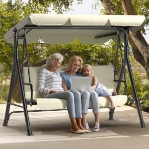 Balancelle 3 Places Ergonomique avec Toit réglable｜Balancelle de Jardin Pieds antidérapants, Structure métallique Stable, résistante à l’Eau, Balançoire Extérieur pour terrasse et Jardin｜Beige (Kidsgigglz-DGH, neuf)