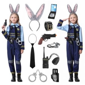 BuntWunder Deguisement Policier Lapin pour Fille, Costume Police Enfant avec Gilet, Pantalon, Oreilles de Lapin Menottes Talkie Walkie Sifflet Etui, Deguisement Policiere pour Carnaval Halloween (L) (Phoenixsystem DreamCold Kft., neuf)