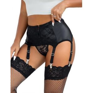 ohmydear Femme Porte-jarretelles Simili Cuir Sexy Mesh Bas Porte Jarretelle Lingerie Ensemble Dentelle de charme pour Femme Grande Taille Respirante Jarretelles 6 Sangles Réglable (OHMYDEAR, neuf)