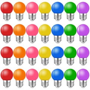 MZYOYO Lot de 28 Ampoules Couleur E27 LED 2W,Ampoule Couleur E27 Extérieur,G45 LED Couleur pour Guirlande Lumineuse Décoration de Noël de fête,Rouge Vert Bleu Orange Jaune Rose Violet,Plastique (MZYOYO, neuf)