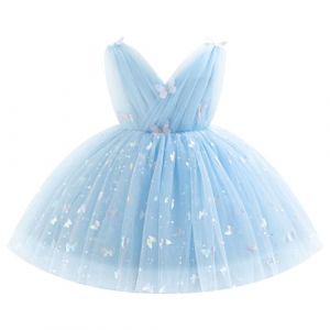 IDOPIP B&eacute;b&eacute; Fille sans Manches V - Neck Tulle Tutu Robe Princesse Fleur Fille Robe Bow &eacute;l&eacute;gant Anniversaire C&eacute;l&eacute;bration Formelle Party Robe De Bal Bleu 120 (BXH, neuf)