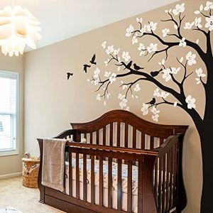 Grand coin arbre sticker mural avec de grandes fleurs, des oiseaux et des feuilles de chambre d'enfants art mural autocollant mural 087 (Branches à gauche, Noir; Blanc) (Studio Quee, neuf)