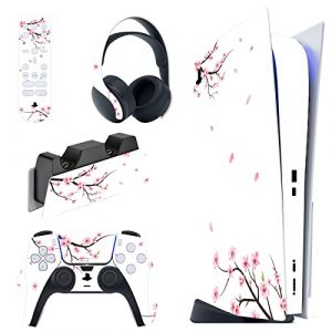 PlayVital Autocollant Manette pour ps5 Protection Accessoires,Sticker Skin pour ps5 Habillages Console Standard & Casque & Station de Charge & Télécommande Média-Fleurs de Cerisier Tombe (Game Skindecal Store, neuf)