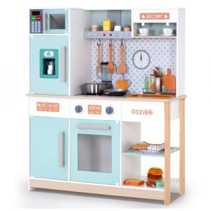 Cuisine Enfant, CoziBB Cuisine Bois Enfant avec Son et Lumières, Équipée avec Frigo Four Micro Ondes, Four à Vapeur et Machine à Glaçons, Ensemble de Cuisine pour Enfants avec Tablier et Toque (Honlica, neuf)
