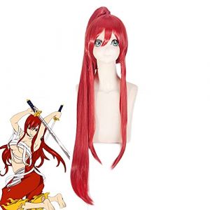 Anime Fairy Tail Erza Scarlet Cosplay Wig Long Deep Red Synthetic Hair for Halloween Costume Wigs + 1 Ponytail + Wig Cap (Muchenjiamaoyidian, neuf)
