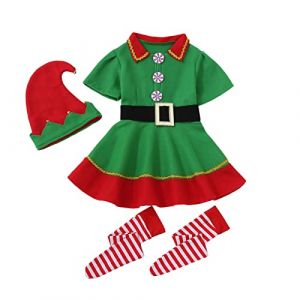 D&eacute;guisement Lutin Fille Gar&ccedil;on Robe Costume Elfe de No&euml;l pour Enfants Filles Ensemble Costumes d'elfe de No&euml;l D&eacute;Guisement Lutin Vert Enfant Avec Chapeau, Jupe, Ceinture, Chaussettes/ Chaussures (WHxiancong, neuf)