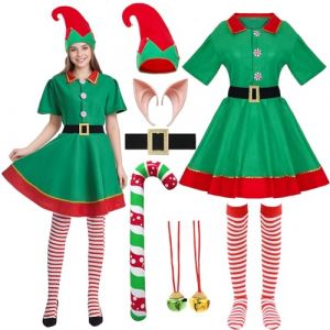HarnyLoom Costume Lutin Femme Homme Deguisement Elfe Noel Enfant Robe Vert Rouge Elfe Chaussettes Oreilles d'elfe Ceinture Adulte Gar&ccedil;on Fille Cosplay (Adulte-Femme, S) (HarnyLoom, neuf)
