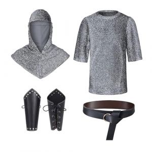 G&eacute;n&eacute;rique Renaissance Faux Cha&icirc;ne de maille Tunique Chemise d'armure Coif Chevalier M&eacute;di&eacute;val Cowl de Crois&eacute; Halloween D&eacute;guisement Costume Ensemble de Ceintures et Bracelets Accessoires (Miuiakoal, neuf)