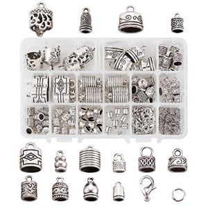 Lot de 120 extrémités de bracelet en 14 styles différents en argent tibétain avec fermoirs avec anneaux ouverts et fermoir mousqueton pour collier en cuir, bracelet et cordon (Biyun Jewelry EU, neuf)