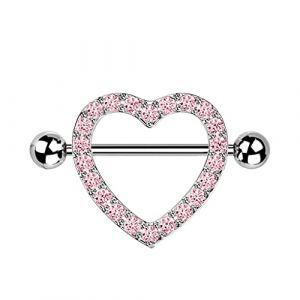 Tata Gisèle Piercing Bouclier de Téton en Acier Chirurgical 316 L et Gemmes - Coeur Double Tige Passant au Milieu - Gemmes en Façade - 22 mm - (Argenté/Rose) (Tata Gisèle, neuf)
