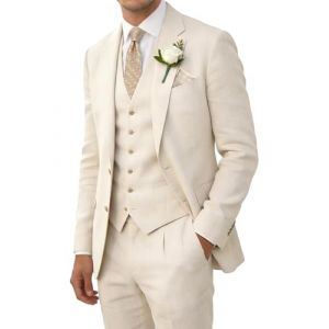 Wehilion Costume r&eacute;tro en lin pour homme - Costume d'&eacute;t&eacute; - Coupe ajust&eacute;e - 3 pi&egrave;ces - L&eacute;ger et respirant - Veste gilet et pantalon de smoking, beige, Taille L (JINGCHUSHANGMAO, neuf)