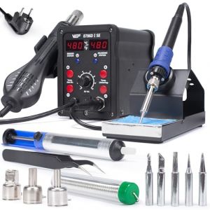 WEP 8786D-I SE Kit station de soudage &agrave; air chaud 2-en-1 pour r&eacute;paration, d&eacute;soudage avec fil de soudure sans plomb, 5 pointes de soudure, 3 bouches d'air chaud, pince, pompe &agrave; d&eacute;-souder (EU Plug) (WEP TOOLS EU, neuf)