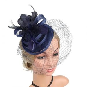 Chapeaux fascinateurs en plumes pour femmes, accessoires pour cheveux de mariage et d'église, couvre-chef élégant en maille pour mariée, chapeau à fleurs - Bleu marine (cbldxiaodian, neuf)