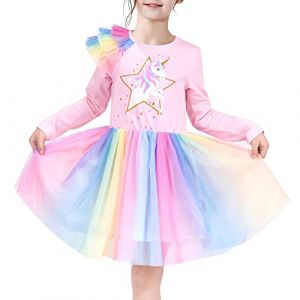 Sunny Fashion Robe Fille Tulle Jupe Rose Arc-en- Licorne &Eacute;toile Coton Manche Longue 5 Ans (Sunny Fashion Europe, neuf)