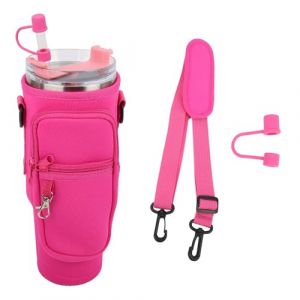Sahunfri Sac pour Stanley Cup 40 onces, Porte-Bouteille d'eau pour Stanley Cup avec Housse de Paille en Silicone, Poche pour T&eacute;l&eacute;phone, Accessoires pour Stanley Cup pour Marche (Rose Vif) (PowerHui, neuf)