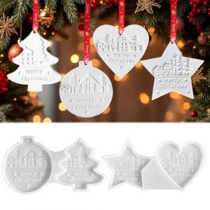CHIHOLEN Lot de 4 moules en silicone de Noël - Pendentif de Noël - Moule en silicone - Sapin de Noël - Étoile - Cœur - Moules en plâtre à couler pour décoration de Noël DIY (Chiholen-EU, neuf)