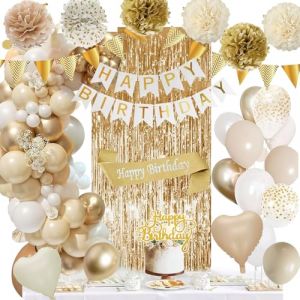 Decoration Anniversaire, Anniversaire Décorations Beige Blanc Or Ballons Anniversaire Kit avec Banderole Joyeux Anniversaire Pom Poms Confetti Echarpe Rideau Deco Anniversaire pour Fille Femme (junmaochen, neuf)