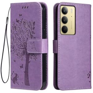 Topme &Eacute;tui en Cuir pour Realme C75 (4G) (6.72" inches), [ Coque Housse de T&eacute;l&eacute;phone Style Motif Chat Et Arbre] - Violet Clair (topme, neuf)