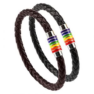 PHOGARY Gay Pride Bracelet arc-en-ciel (noir + marron), bracelet de couple en cuir pour homme et femme avec fermoir magnétique en acier inoxydable à rayures arc-en-ciel, Acier inoxydable Simili cuir (Skowx, neuf)