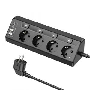 Prise d'angle avec USB, Multiprise &agrave; 4 Prises avec Interrupteur, Multiprise avec 2 USB et 2 Type-C, Protection Antisurtension 8 en 1 avec c&acirc;ble de 2M pour Smartphones Tablettes, Maison, Noir (HITRENDS-FR, neuf)