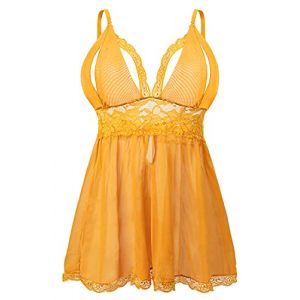 EVELIFE Ensemble de lingerie sexy en dentelle pour femme, grande taille, avec chemise de nuit et string, jaune, L (EVELIFE, neuf)