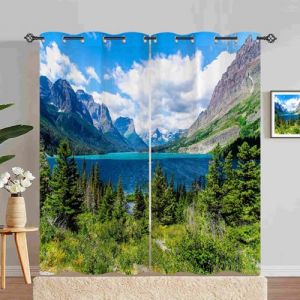 ANHOPE Rideau Occultant Nature Montagne Lac Paysage Rideau Thermique Isolant Tenture Opaque &agrave; Oeillets Draperies Int&eacute;rieurs pour Maison Chambre Salon Fenetre 2 Pi&egrave;ces L 140 x H 200 cm (ANHOPE HOME, neuf)