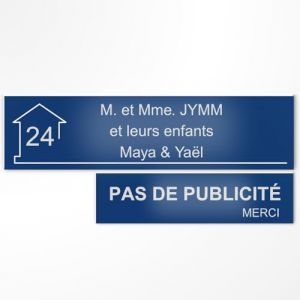 Plaque boîte aux lettres personnalisée 10x2,5cm adhésive + Plaque Pas de Publicité 8x2cm - Gravure Laser – 22 Couleurs – Avec ou Sans Motif (Bleu marine texte blanc) (Nice Marketing Digital, neuf)