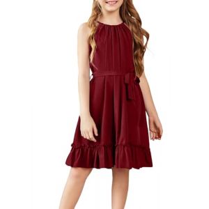 Arshiner Robe pour Fille A-Line Vin Rouge D'été Loisirs Dos Nu élégante Enfants Printemps Enfant Swing Soirée Unie Filles Robe avec Ceinture 13-14 Ans (Arshiner Store, neuf)