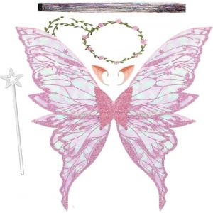 Jiahuade Ailes de F&eacute;e,Ailes de Papillon,Ailes de F&eacute;e Adulte, Oreilles d'Elfe,Bandeau de F&eacute;e Et Baguettes de F&eacute;e &Eacute;toile, Cosplay, F&ecirc;te d'anniversaire,Costume d'Aile pour Carnaval ou Soir&eacute;es (Rose) (Jiahuade, neuf)