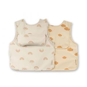 &Uuml;neeQbaby Bavoirs imperm&eacute;ables b&eacute;b&eacute;s - Lot de 2, manches courtes Oeko-TEX, poche poitrine, style combinaison simul&eacute; (Petit 6 &agrave; 18 mois, Arc-en-ciel beige, nuages marron 1) (&Uuml;neeQbaby, neuf)