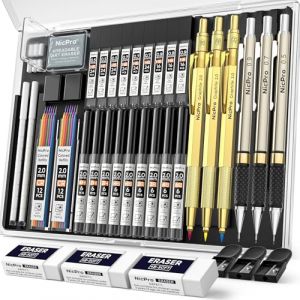 Nicpro 35 porte mine artistiques en métal de 0,5 et 0,7 et 0,9 mm et 3 porte-mines de 2 mm avec 20 boîtes de mines de rechange (couleurs 6B, 4B, 2B HB, 2H, 4H) pour croquis et dessin (doré) (NicproShop EU, neuf)
