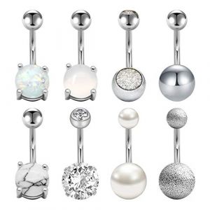 Mayhoop 8pièces 14G Piercing Nombril Acier Chirurgical CZ & Opale & Marbre & Perle Anneau de Nombril Piercing de Ventre 10mm Argent Femme Homme Bijoux de Piercing (Mayhoop, neuf)