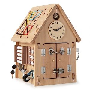 COSTWAY Cube d'Activité en Bois en Forme Maison avec Espace de Rangement Intérieur, Maison de Jouet Educative avec Coins Ronds, 33x33x45cm, Cadeau Précoces pour Garçon et Filles de 3 Ans+ (Naturel) (FDS GmbH, neuf)