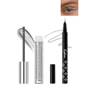 Mascara et Eyeliner Pailleté, Mascara Couleur Diamant Paillettes Volume et Longueur, Crayon Yeux Métallique Brillant, Longue Durée et Waterproof, Très Pigmenté Shimmer Makeup Set pour Femme-01 Argent (Lestpola Ltd, neuf)