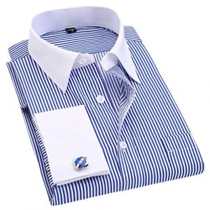 Rayé pour homme Boutons de manchette français décontracté manches longues col blanc chemise mariage smoking chemise FS15 rayures bleues taille asiatique L (BUMUQ, neuf)