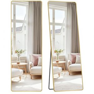 SONGMICS Miroir Intégral, 160 x 50 cm, Miroir Rectangulaire sur Pied, Grand Miroir À Poser au Sol, Cadre en Alliage d’Aluminium, Verre Trempé, pour Chambre, Salon, Dressing, Doré Clair LFM030A01 (SONGMICS HOME FR, neuf)
