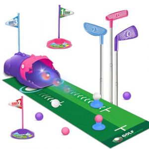 TERRAMUS Set de Golf Enfant avec Retourneur Automatique de Balles Dinosaure, Balles de Golf Lumineuses LED de Nuit, 3 Bâtons, Tapis de Putting, Jeux de Mini Golf 3-8 Ans, Cadeau pour Filles (Rose) (XMD Online Store, neuf)