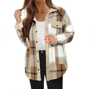 Veste de chemise pour femme &agrave; carreaux en polaire - B&ucirc;cheron - Boutonni&egrave;re - Sport - Manches longues - Moelleuse - Coupe-vent - Chaude - Poche - Beige - XL (Fitzac, neuf)