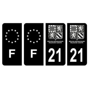 HADEXIA Lot 4 Autocollants Plaque immatriculation d&eacute;partement 21 C&ocirc;te-d&rsquo;Or R&eacute;gion Franche-Comt&eacute; Noir & F France Europe (Digital Sticker, neuf)