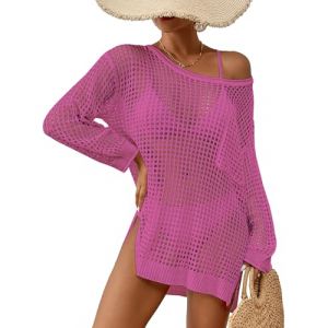 Bsubseach Robe Plage Femme Crochet Bikini Cover Up Djellaba Cache Maillot de Bain Piscine Coverup Pareo Manches Longues Tricot Haut Rose Rouge (Bsubseach-EU, neuf)