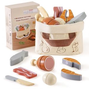 ROBOTIME Set de d&eacute;coupe en Bois pour Enfants - Set de Jardinage et de Cuisine Montessori avec Accessoires en Bois, Jouets pour Les Tout-Petits (Set de viandes) (Global Premier Collections, neuf)