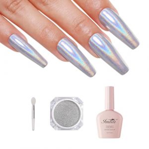 Imtiti Kit Poudre &agrave; Ongles Chrome Argent Holographique, 1g Poudre Effet Miroir M&eacute;tallis&eacute; Iridescent Holo Argent avec 10ml Vernis Semi Permanent Polonais Blanc M&eacute;tallis&eacute; pour Kit UV DIY Ongles (Imtiti Direct, neuf)