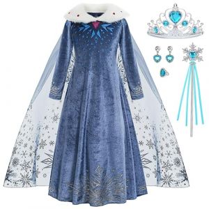 ZaisuiFun D&eacute;guisement Costume Princesse Elsa pour Fille Robe Reine des Neiges Bleu Manche Longue Tenue Chaud avec Col en Peluche pour Halloween Anniversaire Canarval, 5-6 Ans (QM Co.,Ltd., neuf)